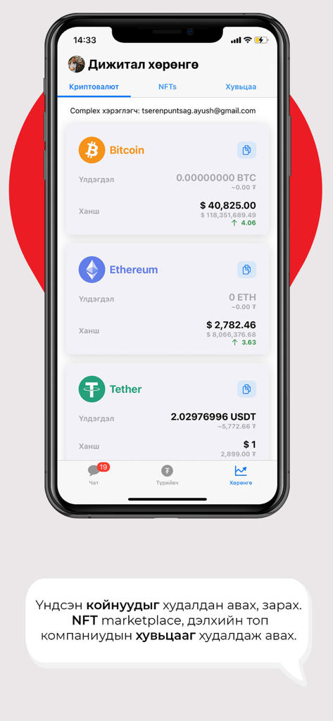 Interface of Mongol Chat app displaying a digital asset wallet with cryptocurrency prices and balances for Bitcoin, Ethereum, and Tether.