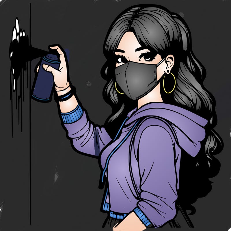 realistic girl with mask spray painting a wall