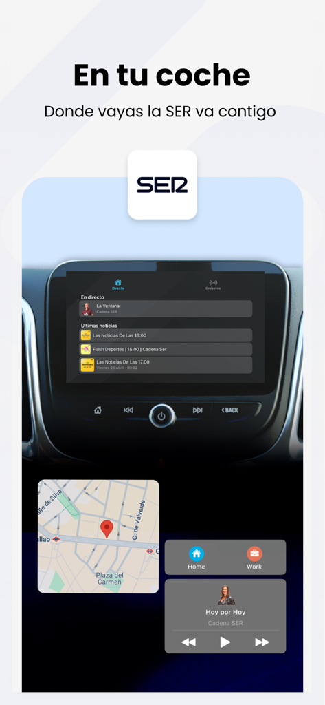 Cadena SER Radio app interface on a car dashboard showing news and live broadcasts