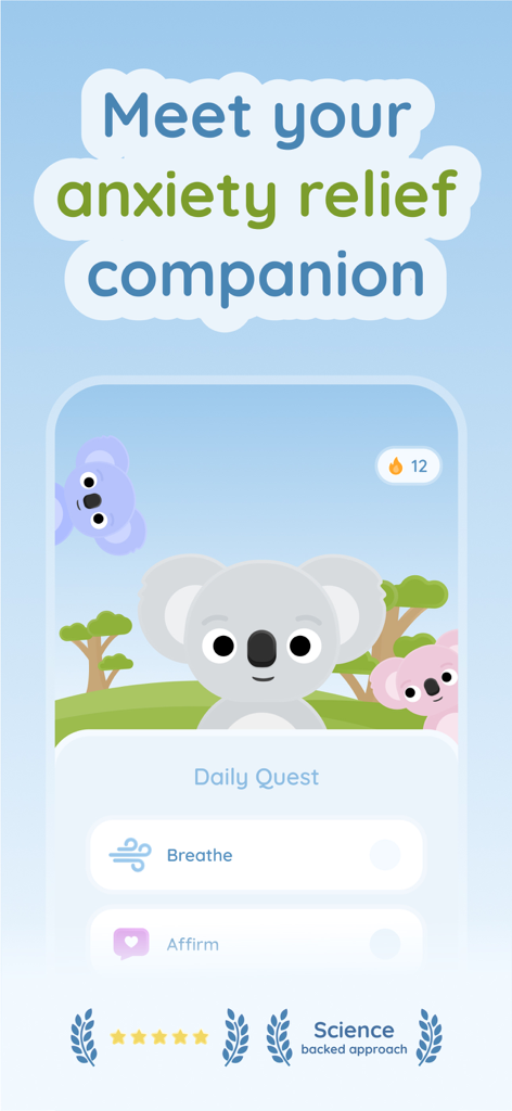 Kozy: Anxiety Relief Games - A cute koala companion interface showing daily mental health quests for breathing and affirmations.