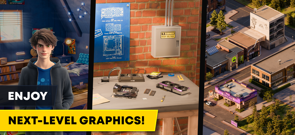 Colage mostrando el taller de un personaje y la vista de la ciudad en el juego de simulación PC Creator 3