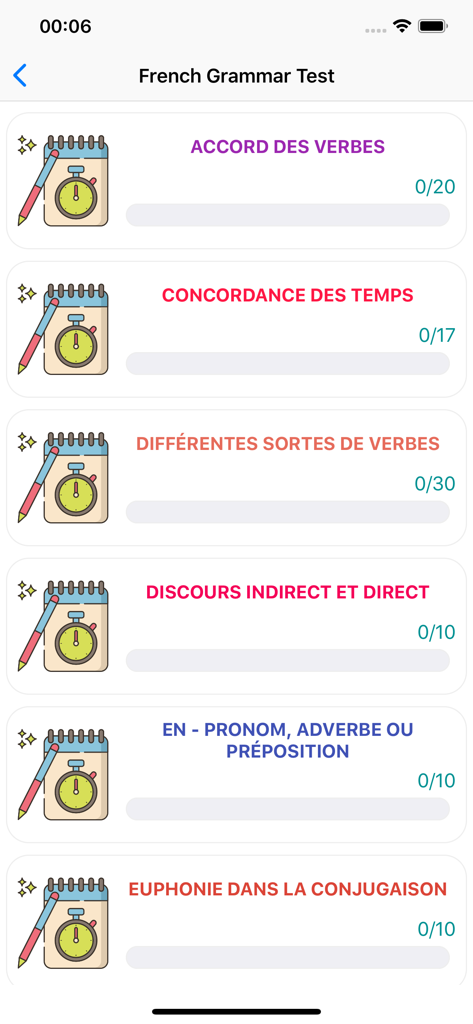 French Grammar Test - List of French grammar topics and exercises in the app interface