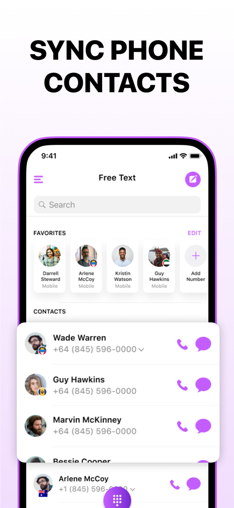 Interface of Free Text app showing the sync phone contacts feature with a list of favorite contacts and recent messages.