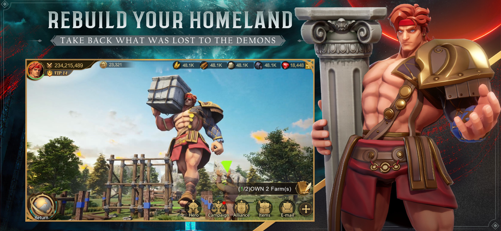 Un héroe musculoso cargando un pesado pilar de piedra para reconstruir una ciudad en el juego de estrategia Land of Empires Immortal.