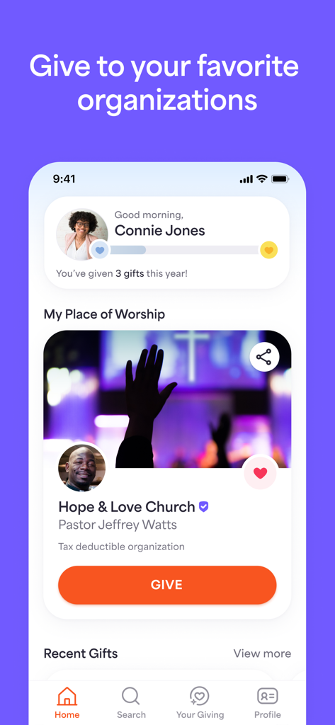 Givelify Mobile Giving App - Givelify app interface showing the home screen with a church donation profile and a large give button