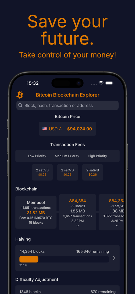 Bitcoin Blockchain Explorer - Interfaccia dell'app Bitcoin Blockchain Explorer che mostra il prezzo di Bitcoin, le commissioni di transazione e le statistiche del mempool