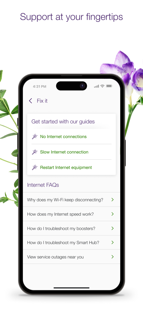TELUS Connect app support screen showing internet troubleshooting guides and FAQs