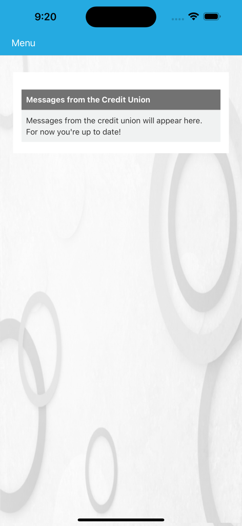 CENT CUモバイルバンキングアプリのメッセージ画面。ユーザーが最新の状態であることを示す通知が表示されています。