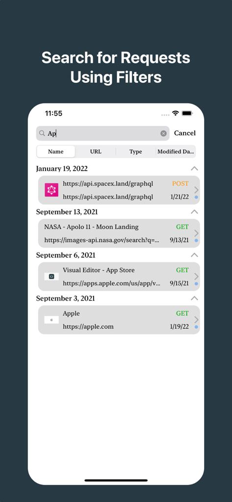 REST API ClientモバイルアプリでAPIリクエストの検索とフィルタリング
