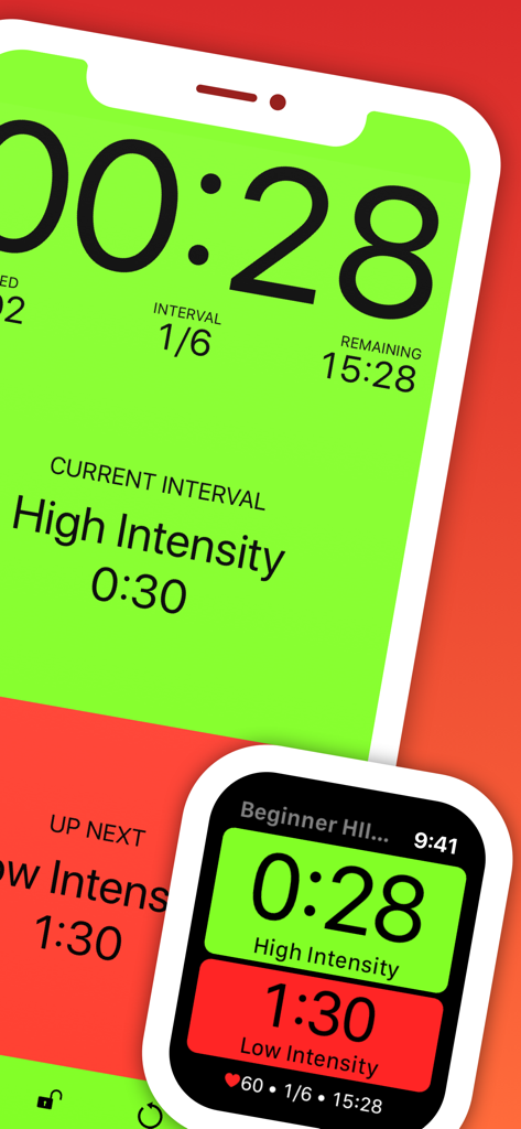 Seconds Pro Interval Timer - Seconds Pro interval timer on iPhone and Apple Watch showing HIIT workout intervals