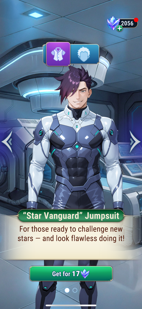 A male anime character wearing a futuristic sci-fi jumpsuit in a story game customization menu