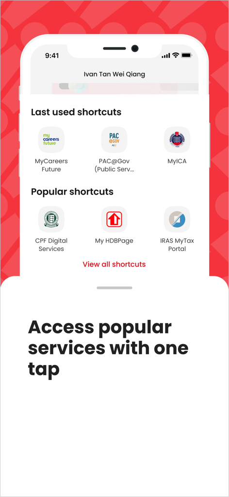 Singpass - Singpass app screen showing quick access shortcuts to Singapore government services like CPF, HDB, and IRAS