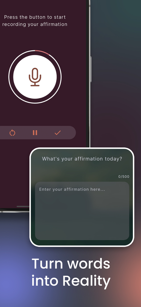 Interface do aplicativo The Promise mostrando um botão de microfone para gravar afirmações de voz e um campo de entrada de texto para metas de manifestação.