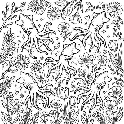 Discover an enchanting fusion of deep-sea mystery and springtime beauty with this unique coloring page. Adorable vampire squids are playfully depicted amidst a vibrant garden of blooming flowers and fresh foliage.