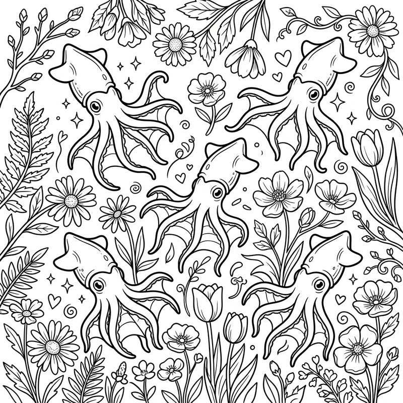 Discover an enchanting fusion of deep-sea mystery and springtime beauty with this unique coloring page. Adorable vampire squids are playfully depicted amidst a vibrant garden of blooming flowers and fresh foliage.