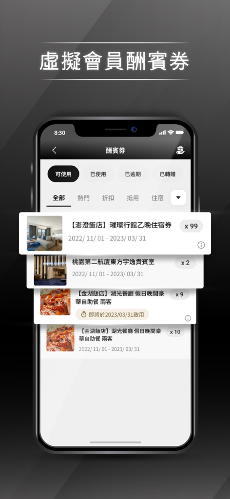 Everrich app interface showing virtual member reward coupons for hotel stays and airport lounge access