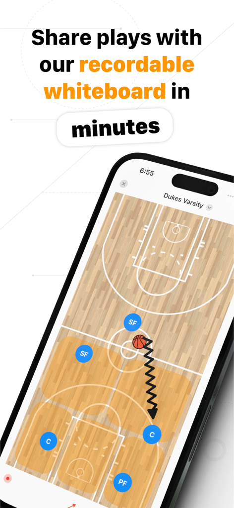 Basketball Coach: Elite Hoops - iPhone screen displaying the recordable digital whiteboard feature for drawing basketball plays in the Elite Hoops app
