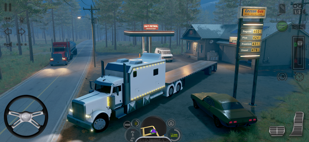 Truck Simulator USA Revolution - Un camión semirremolque blanco estacionado en una gasolinera por la noche en Truck Simulator USA Revolution