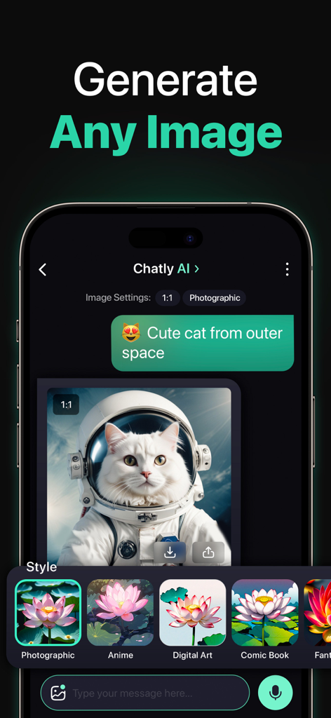 Chatly: AI Chatbot & Assistant - Screenshot of Chatly AI app showing a text-to-image prompt generating an astronaut cat with multiple art style options.