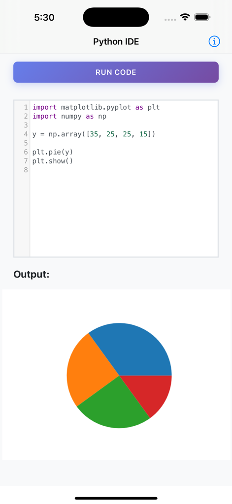 Python IDE - A mobile Python IDE showing code for a pie chart and its visual output.