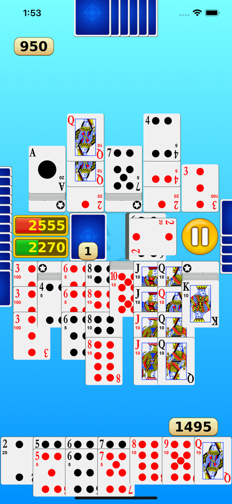 Canasta - Online & offline - A gameplay screen of the Canasta mobile app showing various card melds and player scores on a blue background in portrait orientation