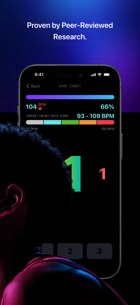 Soma NPT - Soma NPT neuro performance app interface showing real time heart rate data and research validation