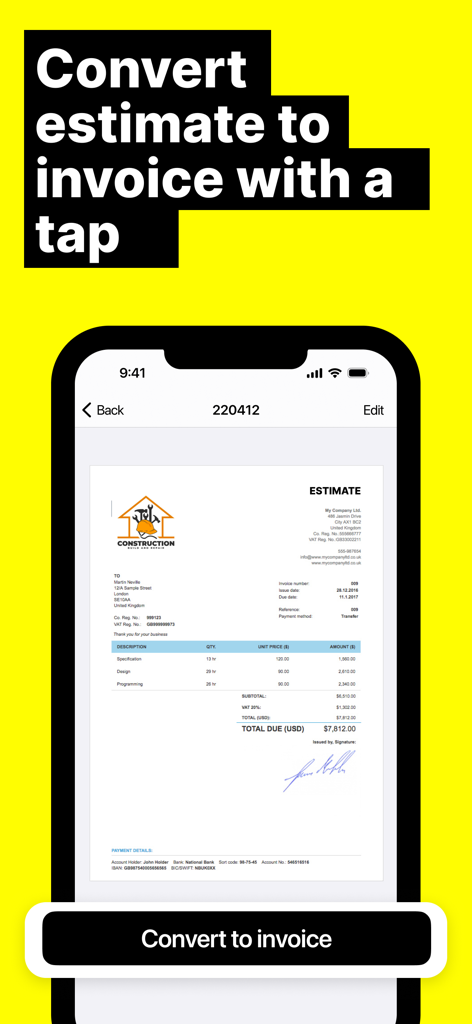Une interface mobile de l'application Freebie Invoice Maker montrant un devis professionnel en cours de conversion en facture en un clic