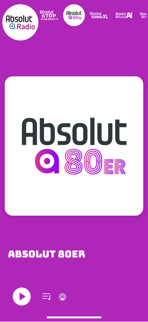 Interfaz del reproductor de música de la aplicación Absolut Radio para la emisora de música de los 80