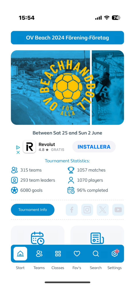Tela do aplicativo móvel Procup mostrando estatísticas do torneio, incluindo contagem de equipes, partidas e gols para um evento esportivo