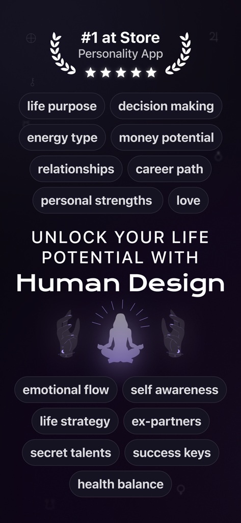 My Human Design App - SACRAL - Pantalla promocional de la App de Diseño Humano SACRAL con palabras clave sobre el propósito de vida y el tipo de energía