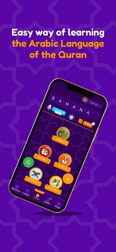 Think Quran - A smartphone showing the Think Quran app interface with gamified lessons for learning Quranic Arabic