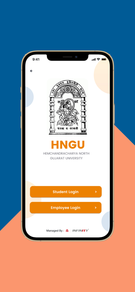 HNGU Official app login screen with buttons for student and employee login