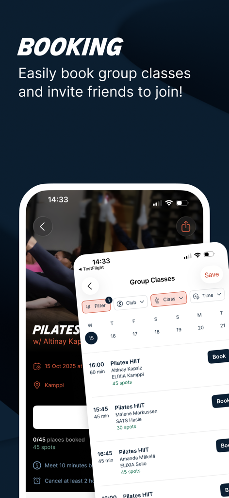 Interface of the SATS app showing group fitness class booking options