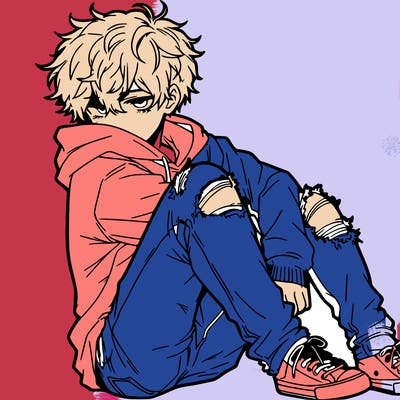 a male hoddie ripped jeans messy hair anime