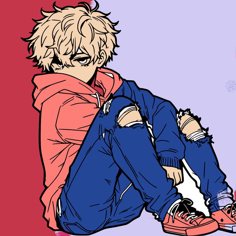 a male hoddie ripped jeans messy hair anime