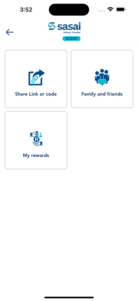 Sasai Money Transfer Agent App - Sasai Money Transfer Agent App interface showing menu options for sharing links, managing family and friends, and viewing rewards.