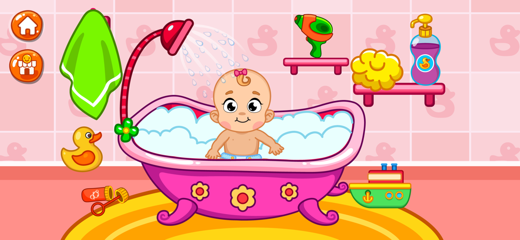 Baby Care Games for Kids 3,4,5 - Un lindo bebé de dibujos animados tomando un baño de burbujas en una bañera rosa con juguetes.
