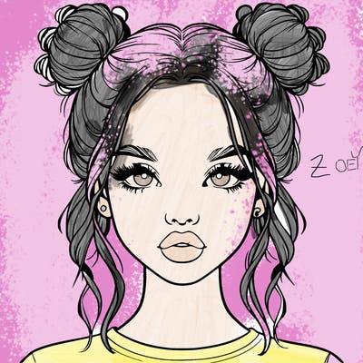 realistic girl with two buns in hair and lips
