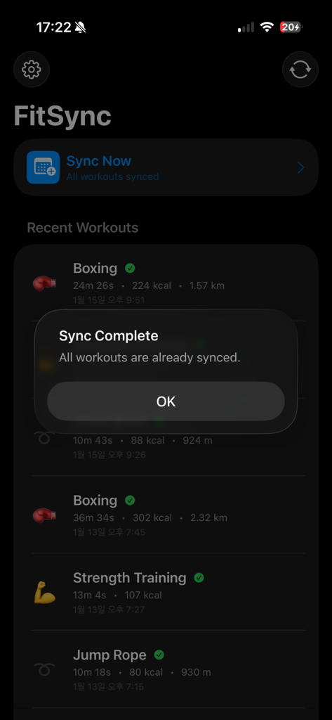 FitSync - Workout to Calendar - FitSync mobile app showing a confirmation message that all workouts are synced along with a list of recent activities.