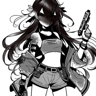 bad girl wearing crop top holding a gun long hair anime