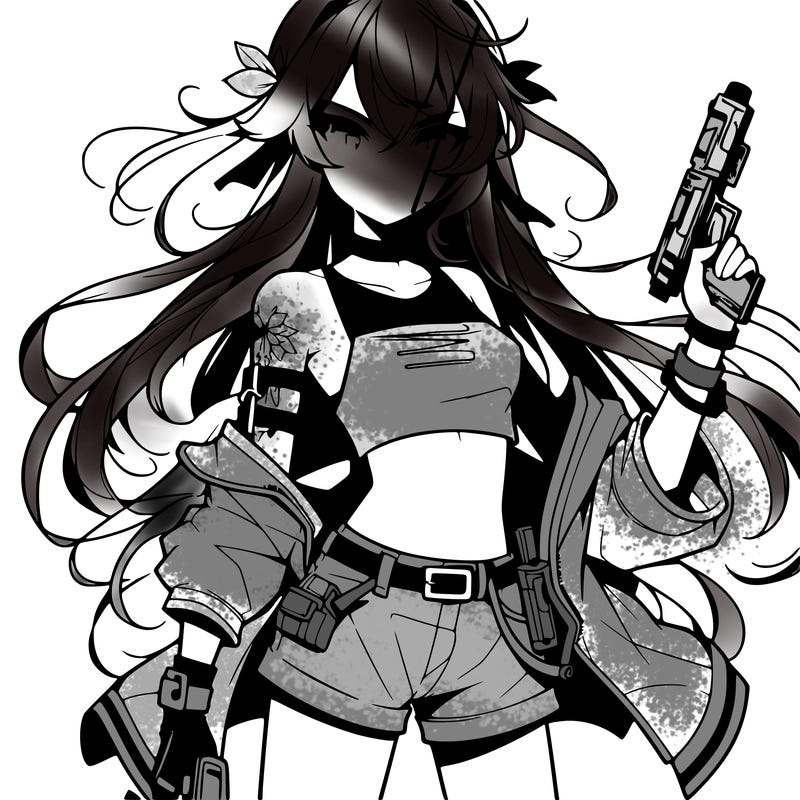bad girl wearing crop top holding a gun long hair anime