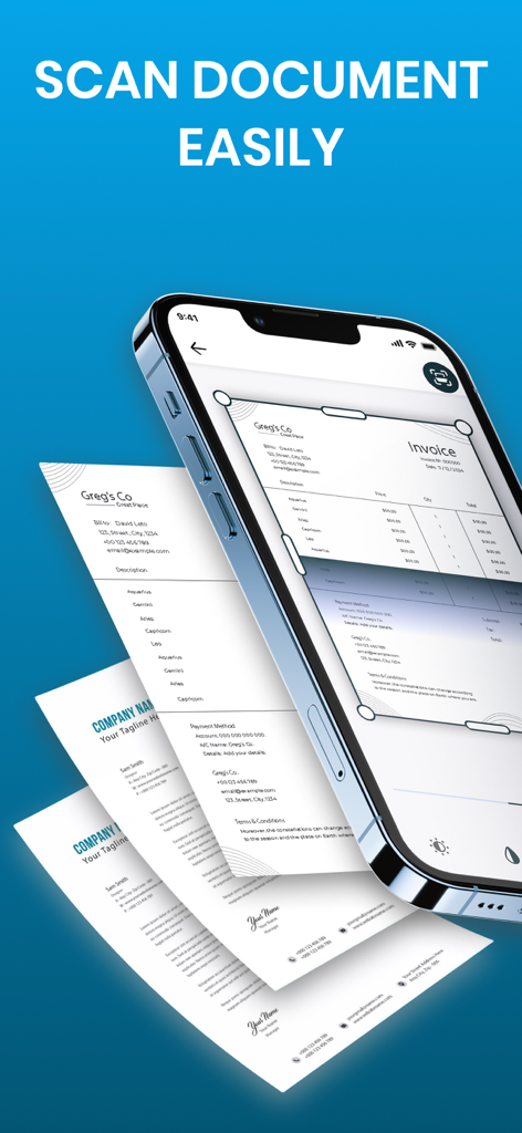 Print: Smart Wireless Printer - Un écran d'iPhone affichant la fonction de numérisation de documents avec détection automatique des bords sur une facture.