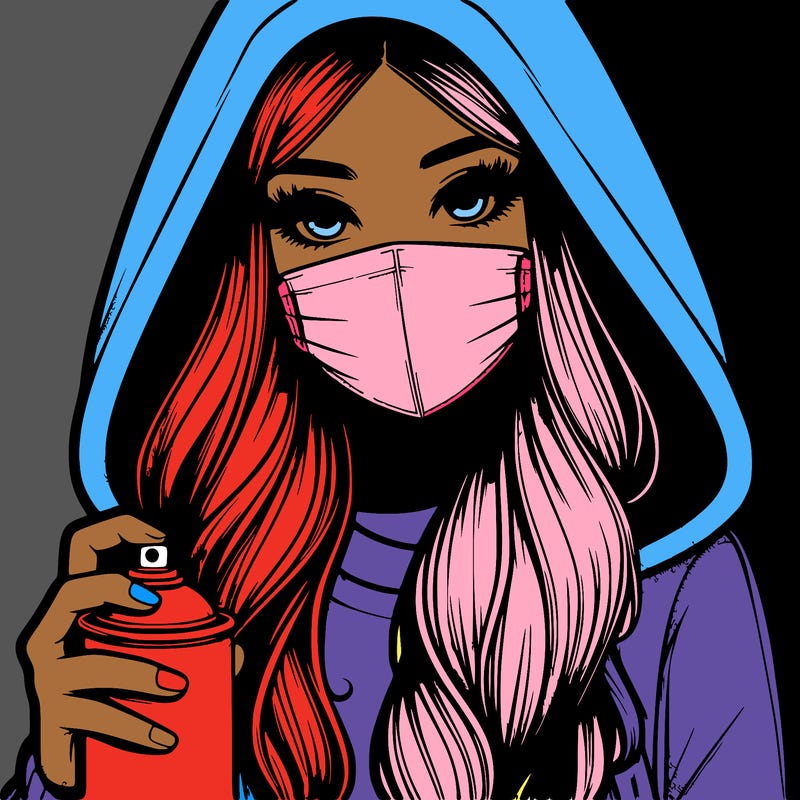 girl wearing a mask with long hair with her hood up spray-painting realistic