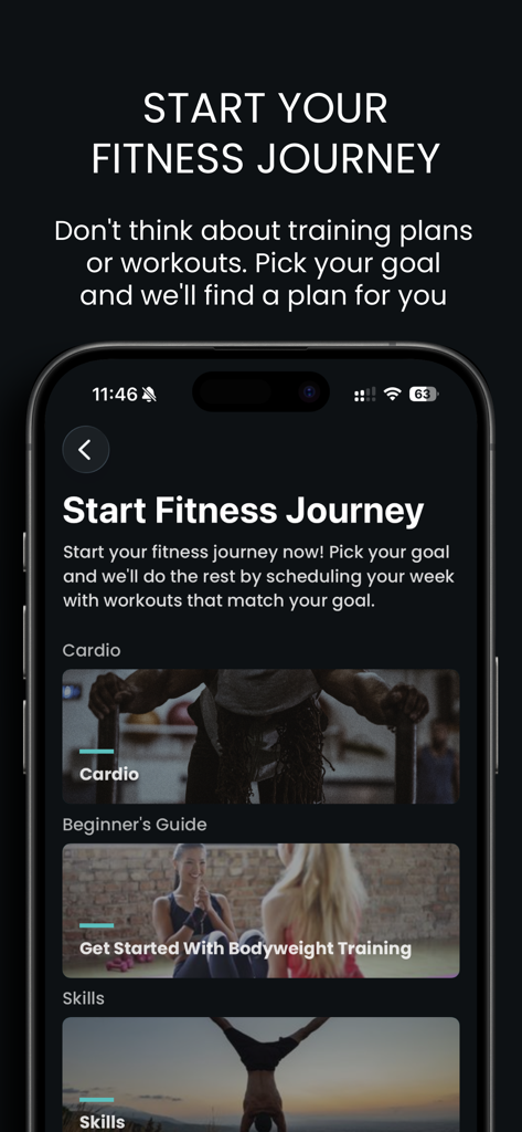 さまざまな自重ワークアウトの目標を持つフィットネスジャーニーを開始するためのCaliverseアプリのインターフェースを表示するスマートフォン