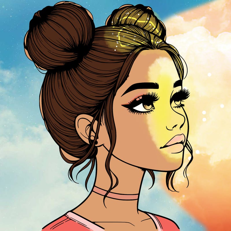 realistic girl with buns on the top of her head