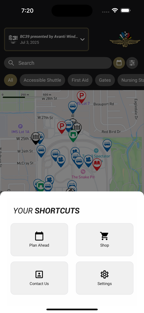 Interactive track map and shortcuts menu in the Indianapolis Motor Speedway app