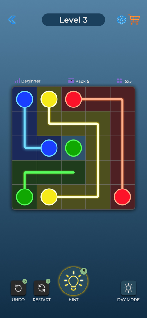 A beginner level gameplay screen of Dot Link showing colored dots connected by lines on a 5x5 grid puzzle board
