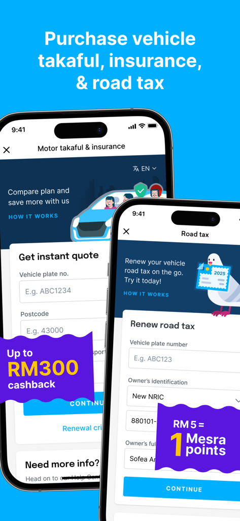 Setel app screens for purchasing motor insurance and renewing road tax