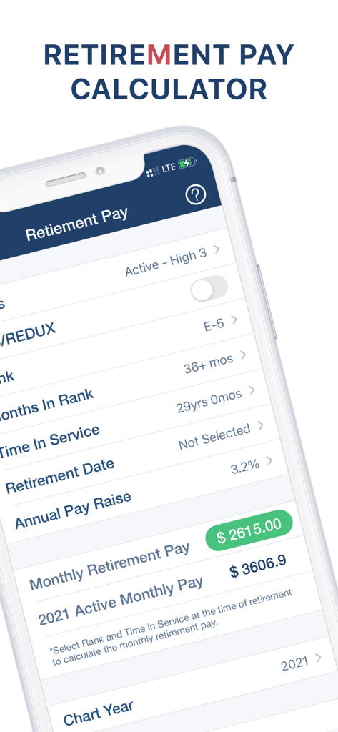 Smartphone screen displaying military retirement pay estimates for a service member