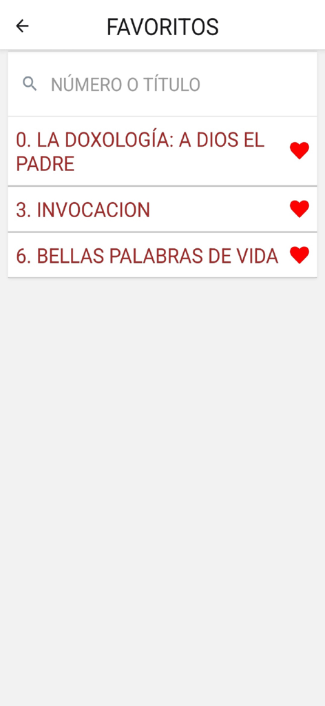 IGLESIA DE CRISTO HIMNARIO - Favorite hymns list screen in the Iglesia de Cristo Himnario app